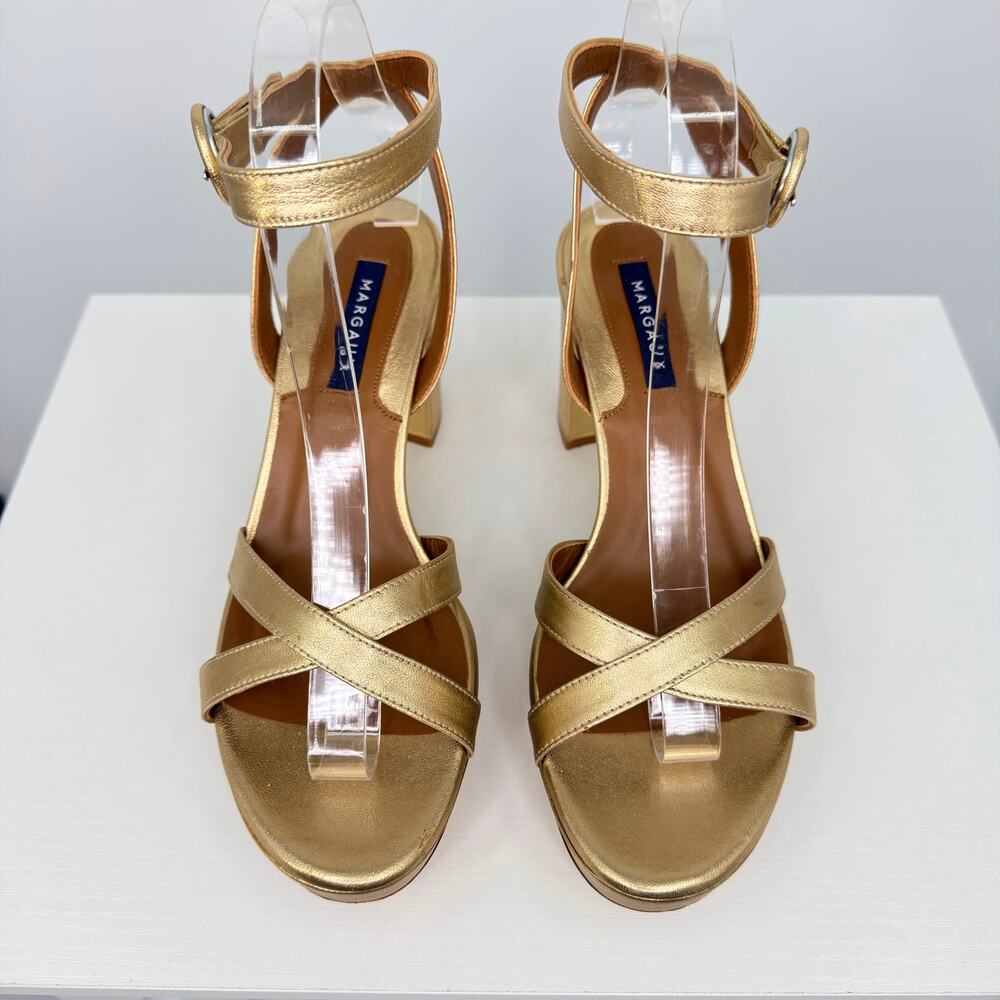 Margaux Gold Nappa Leather Platform Sandals Size 37.5 Block Heel Ankle Strap - Picture 5 of 16